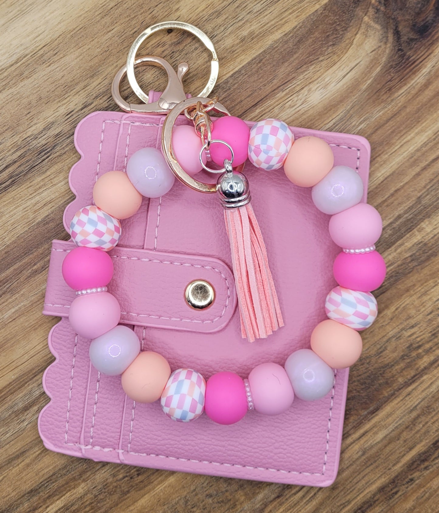 Pink Checkered Beaded Keychain Wristlet and Wallet Set