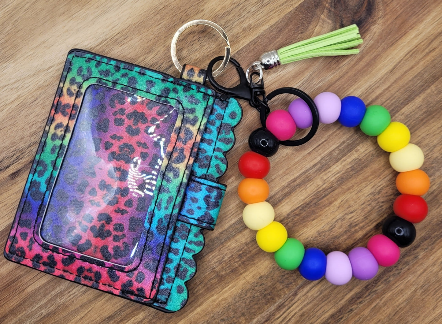Bright Rainbow Beaded Keychain Wristlet and Wallet Set