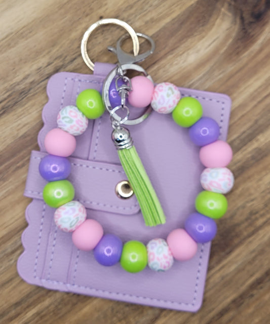 Pastel Leopard Beaded Keychain Wristlet and Wallet Set