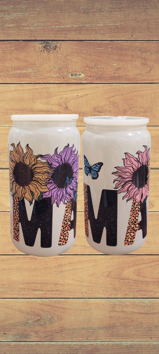 White Shimmer Mama 16oz Glass Cup