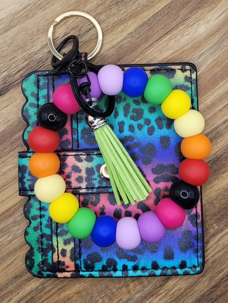 Bright Rainbow Beaded Keychain Wristlet and Wallet Set