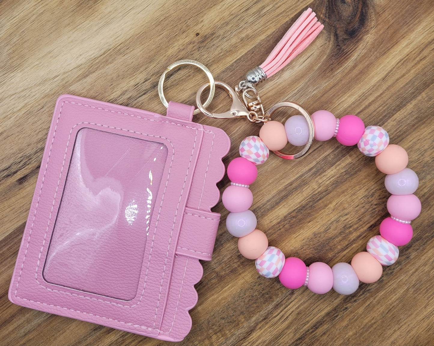 Pink Checkered Beaded Keychain Wristlet and Wallet Set