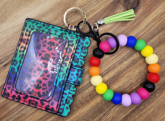Bright Rainbow Beaded Keychain Wristlet and Wallet Set